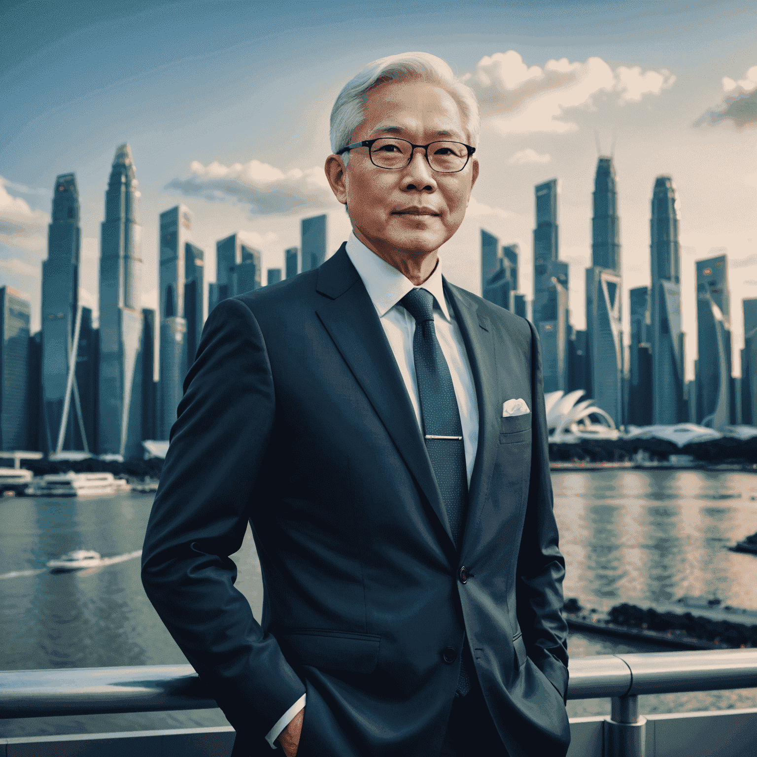 Portrait of Tony Tan in a sleek, modern setting, wearing a sharp navy suit with subtle futuristic details. He is standing confidently against a backdrop of Singapore's iconic skyline, symbolizing progress and innovation.