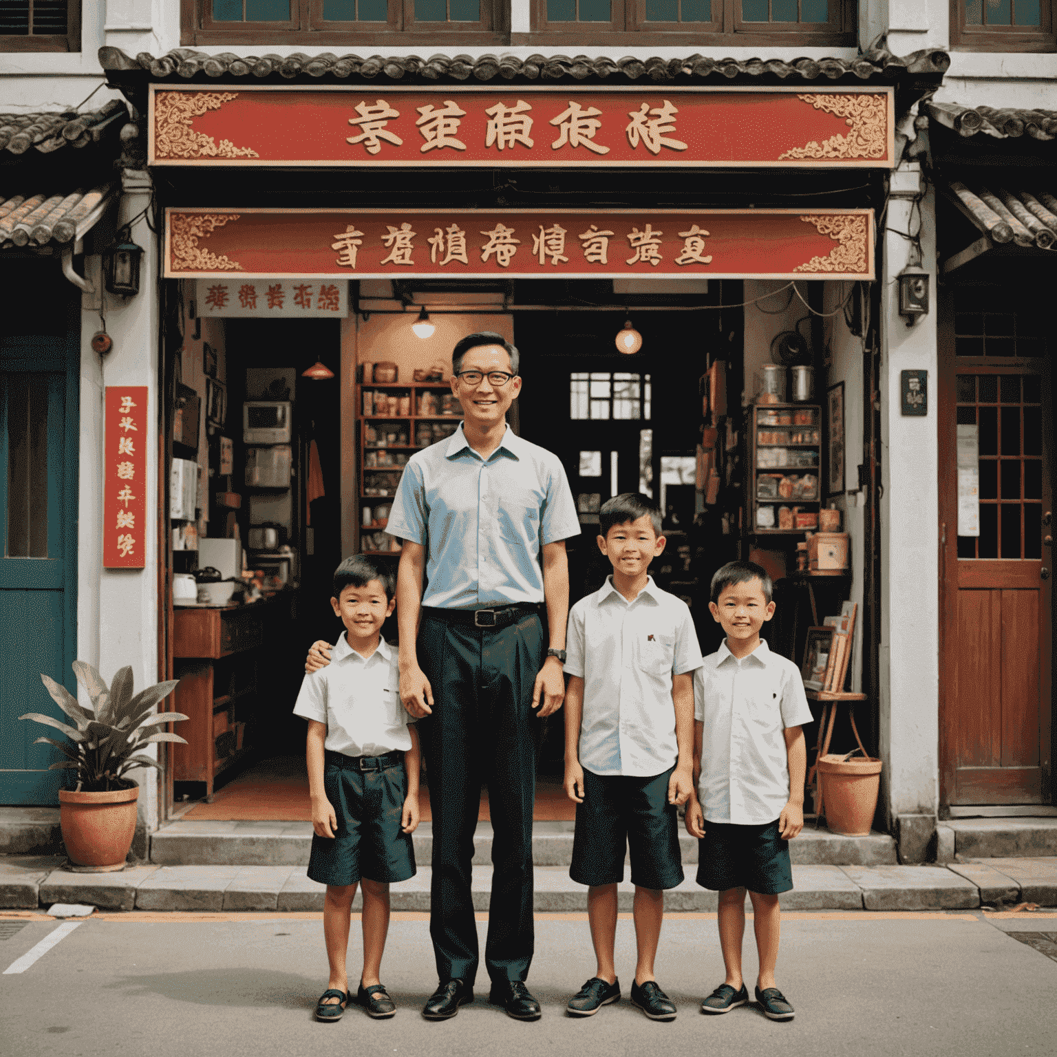 A young Tony Tan with his family, standing in front of a traditional Singaporean shophouse. The image showcases his humble beginnings and the cultural context of his upbringing.