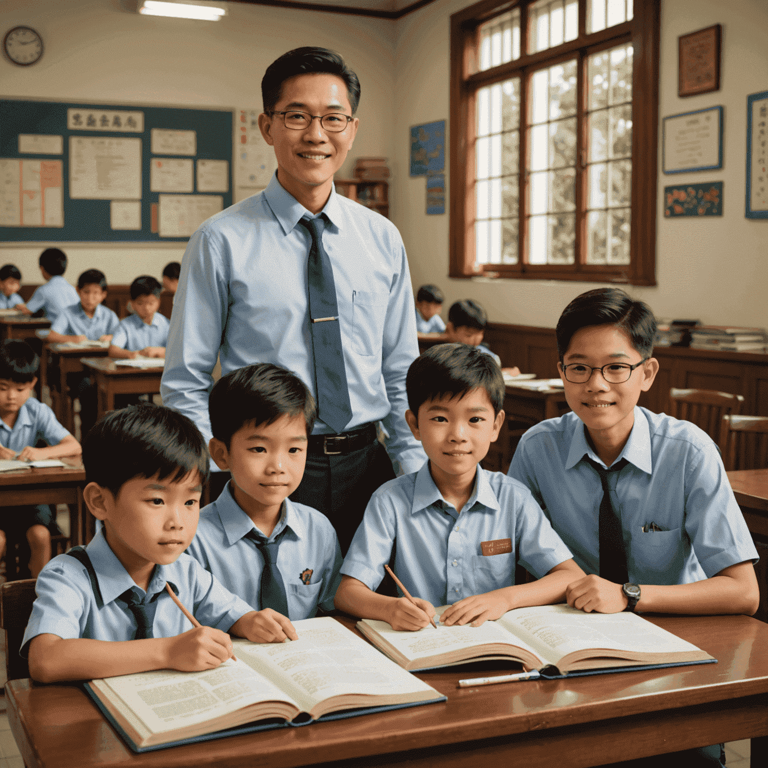 A young Tony Tan with his family, studying in a traditional Singaporean school setting, showcasing his early dedication to education and family values