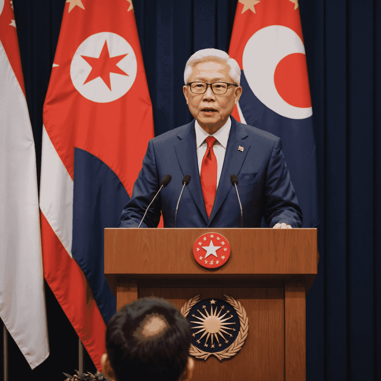 Tony Tan addressing a crowd during his time as Deputy Prime Minister, wearing a sharp navy suit with a red tie, standing at a podium with the Singapore flag in the background