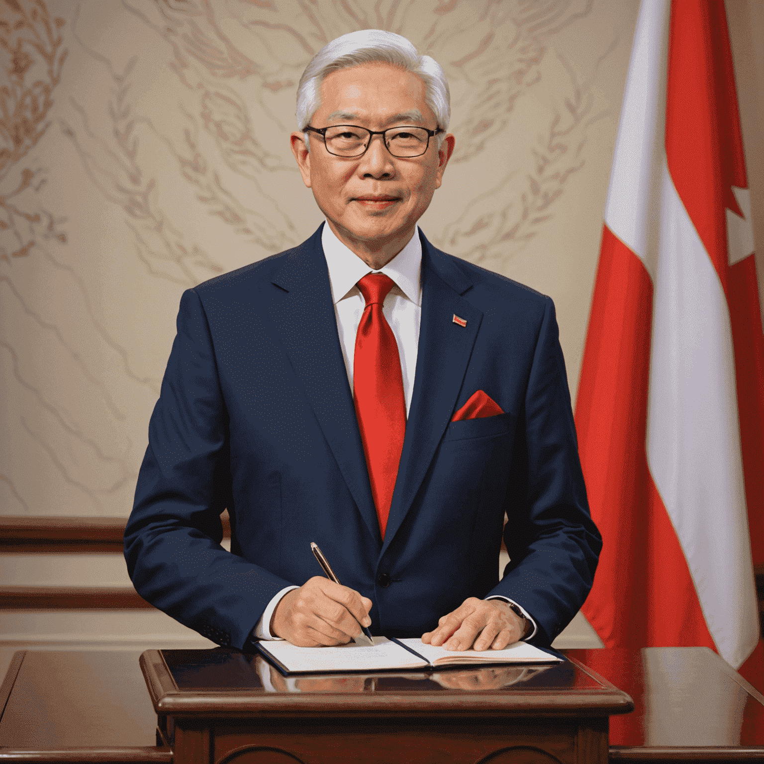 Tony Tan taking the oath of office as the 7th President of Singapore in 2011, wearing a sharp navy suit with a red tie, standing before the Singapore flag