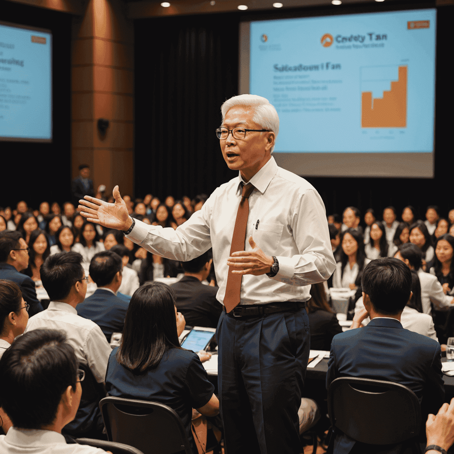 Tony Tan speaking at an education conference, addressing a crowd of educators and students. The image shows him gesturing passionately, emphasizing the importance of education reforms in Singapore.