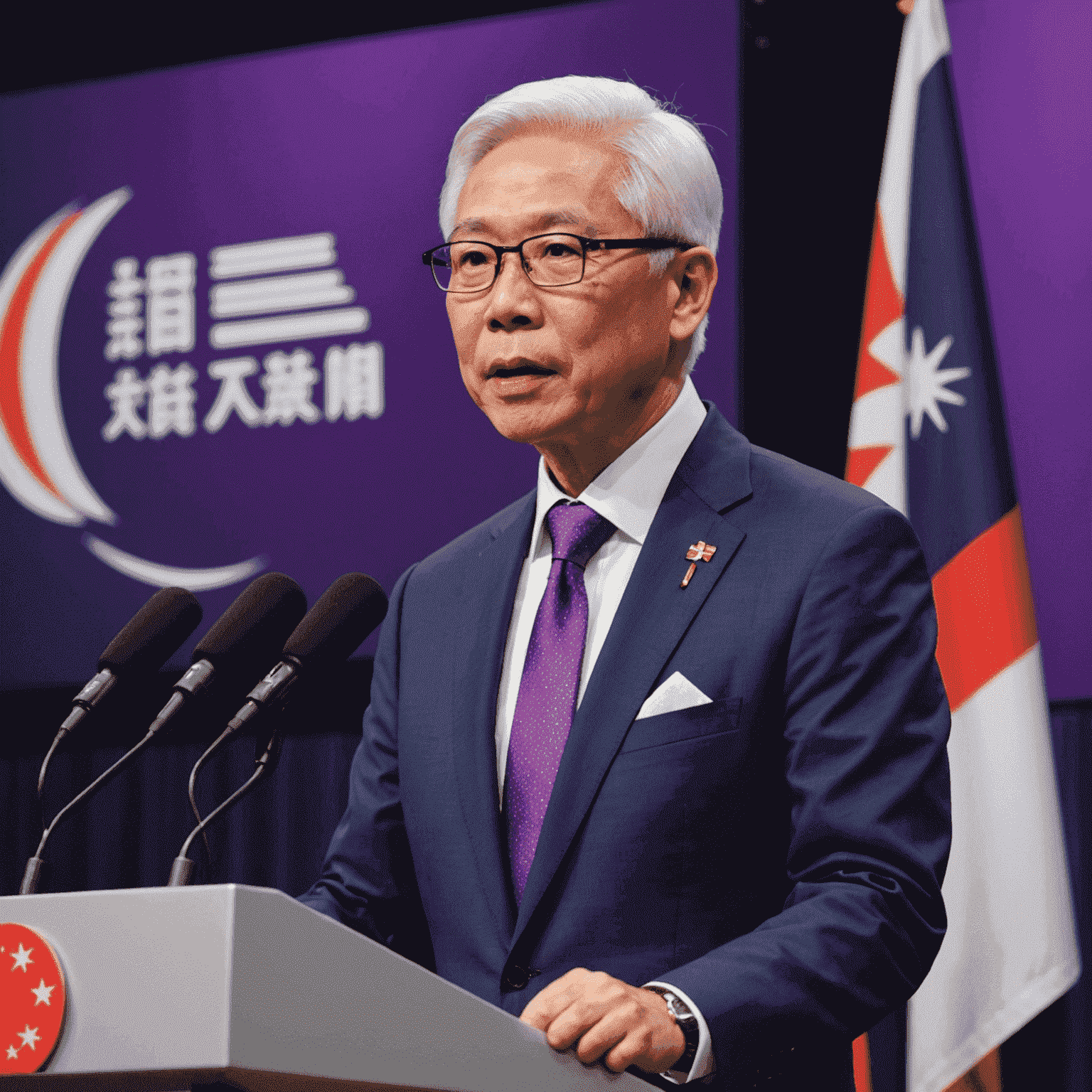 Tony Tan speaking at a public event, dressed in a sharp navy suit with a vibrant purple tie, standing at a podium with the Singapore flag in the background