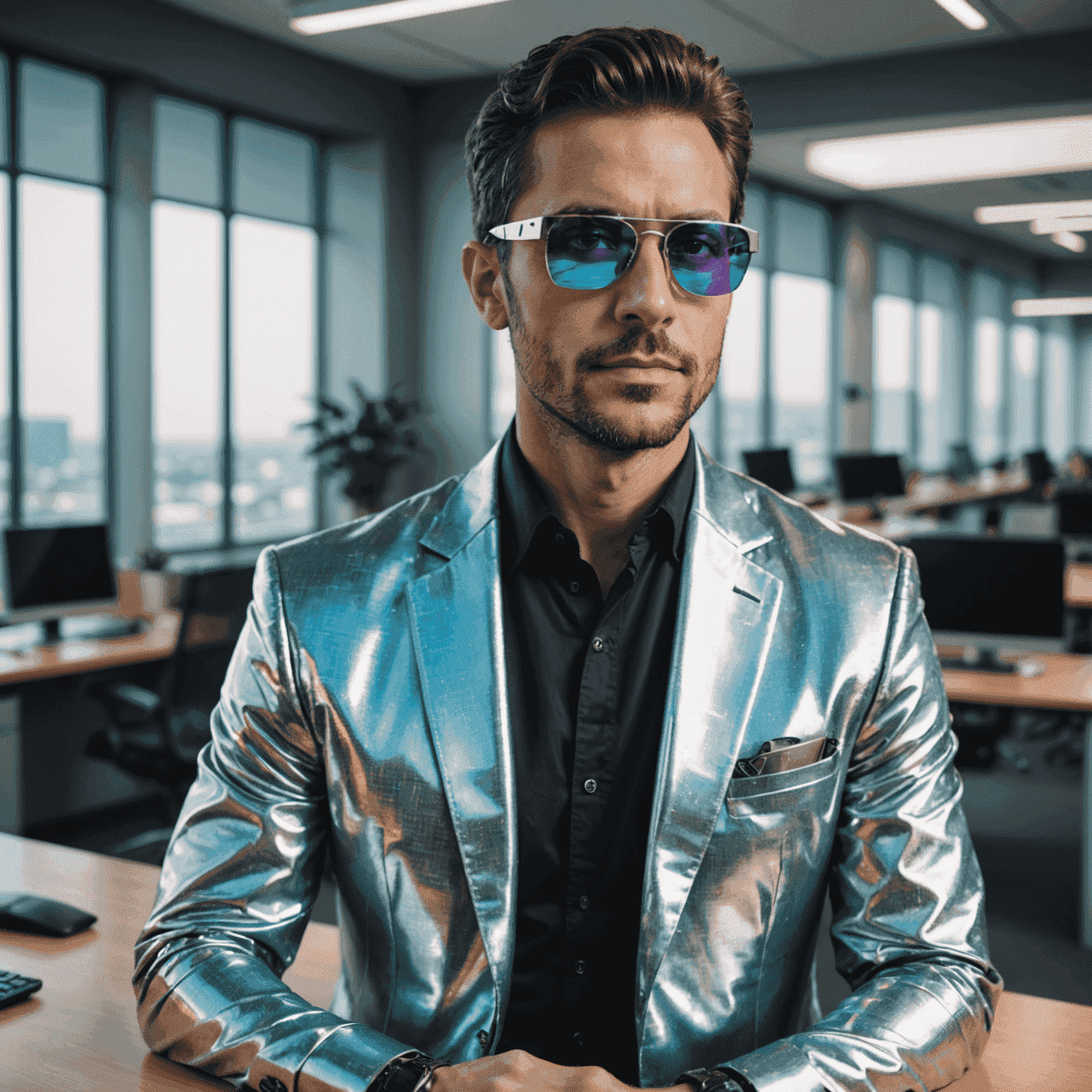 Portrait of the author wearing futuristic glasses with holographic lenses, a metallic silver blazer, and a smart watch. The background suggests a high-tech office environment.