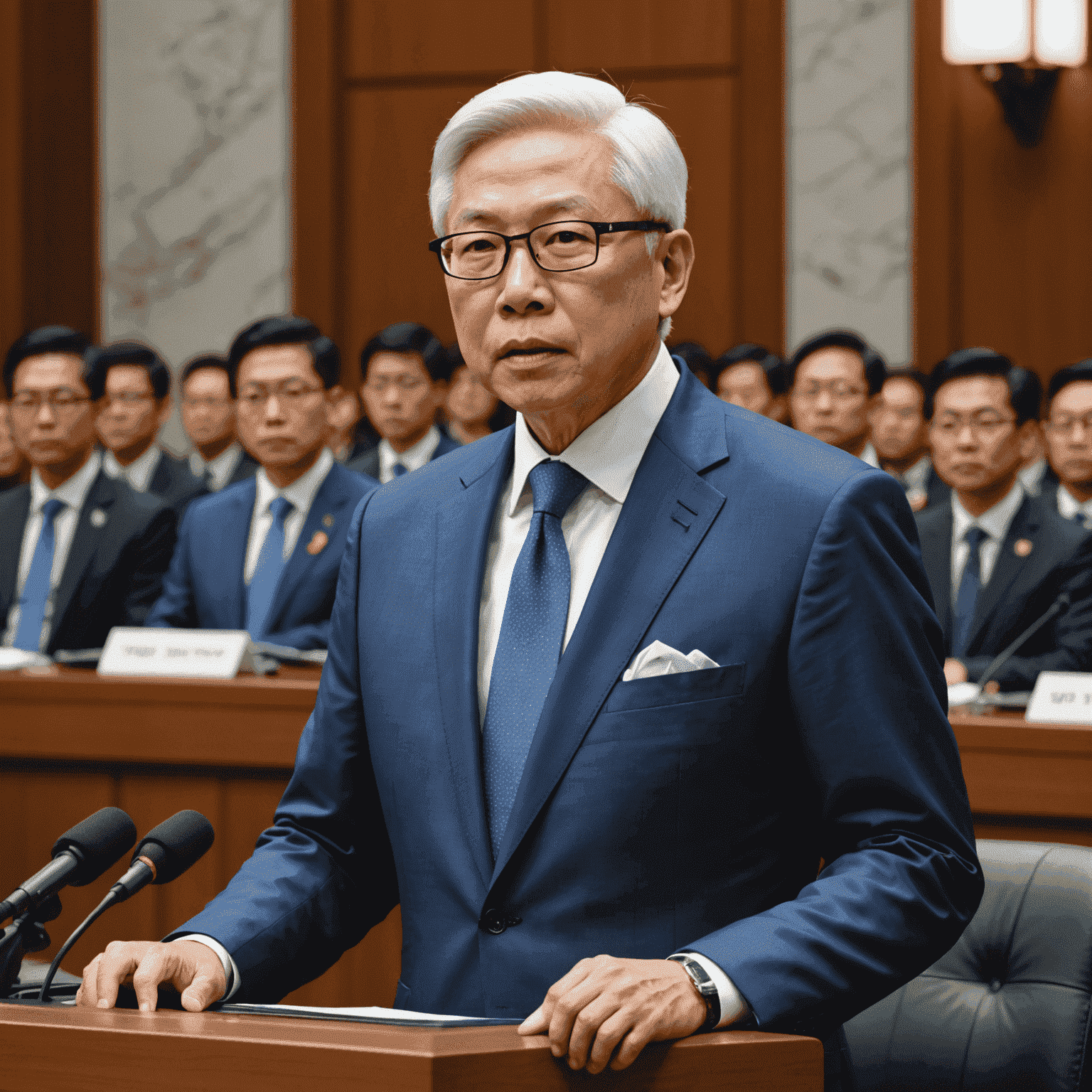 Tony Tan in a sharp, futuristic suit addressing Parliament, symbolizing his key roles in Singapore's government