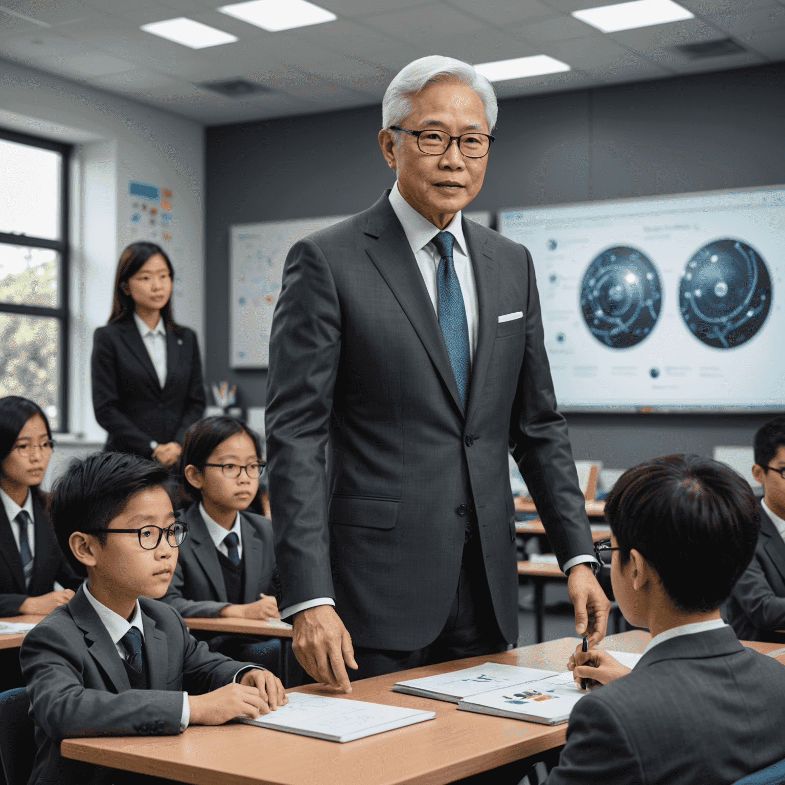 Tony Tan visiting a high-tech classroom, interacting with students using advanced educational technology, wearing a modern cut charcoal grey suit