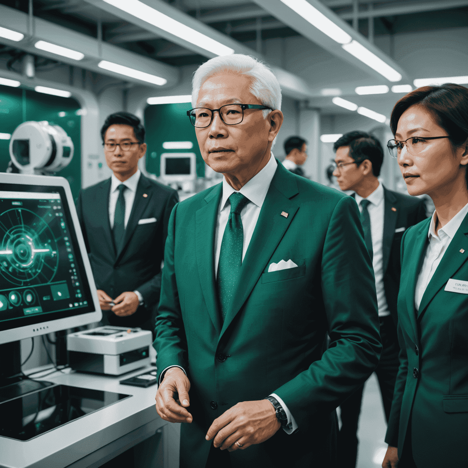 President Tony Tan visiting a high-tech research facility, wearing futuristic smart glasses and a sleek, tailored suit in deep emerald green, interacting with scientists and cutting-edge equipment