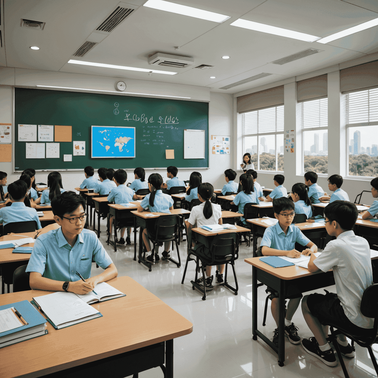 A modern Singaporean classroom equipped with advanced technology. Students are engaged in collaborative projects, symbolizing the innovative education system fostered by Tony Tan's policies.