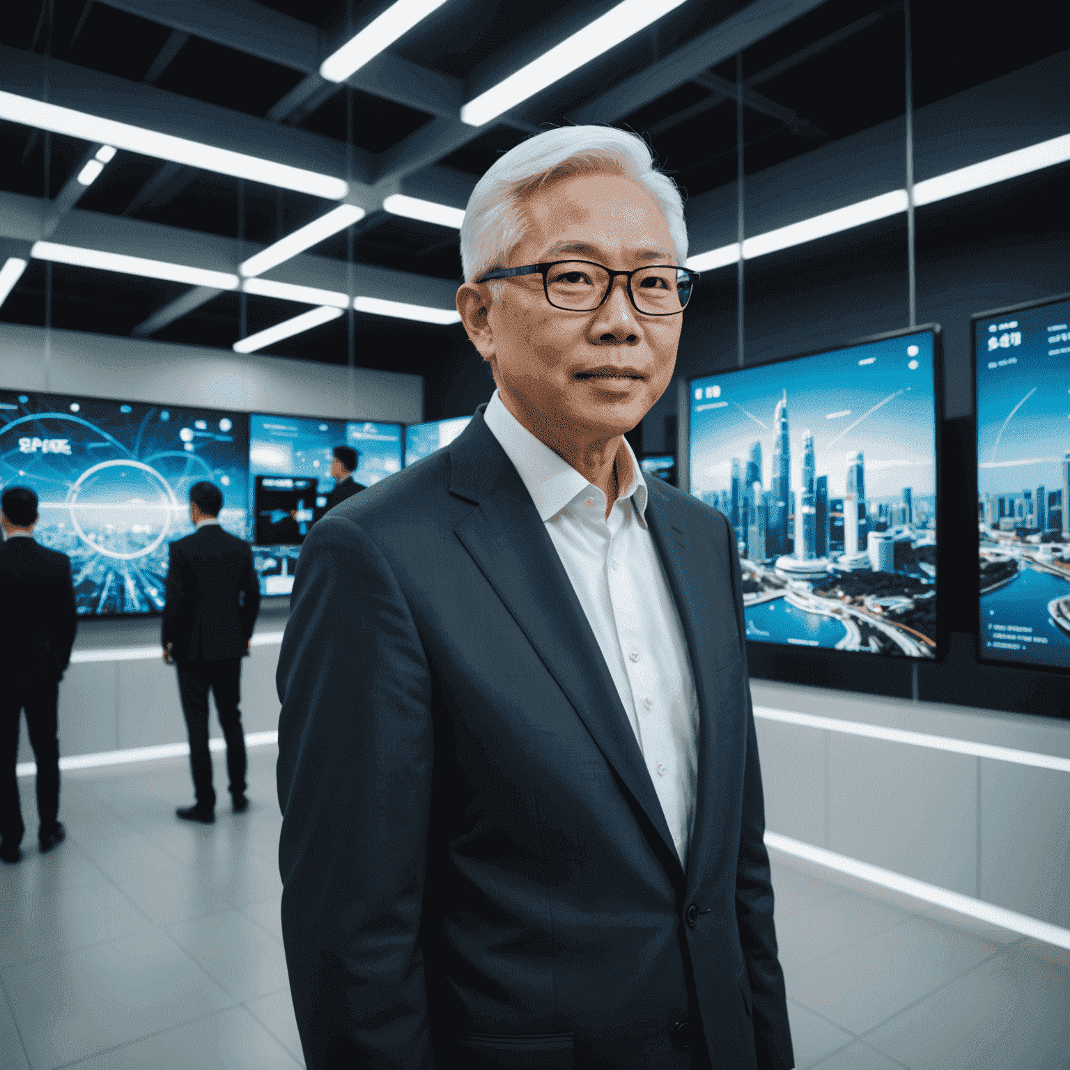 Tony Tan touring a high-tech innovation center, wearing sleek, futuristic glasses and interacting with a holographic display showcasing Singapore's smart city initiatives