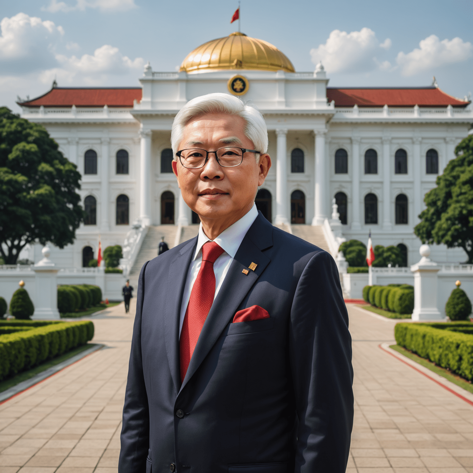 Tony Tan in presidential regalia, standing in front of the Istana. The image symbolizes his role as the head of state and his commitment to Singapore's progress.