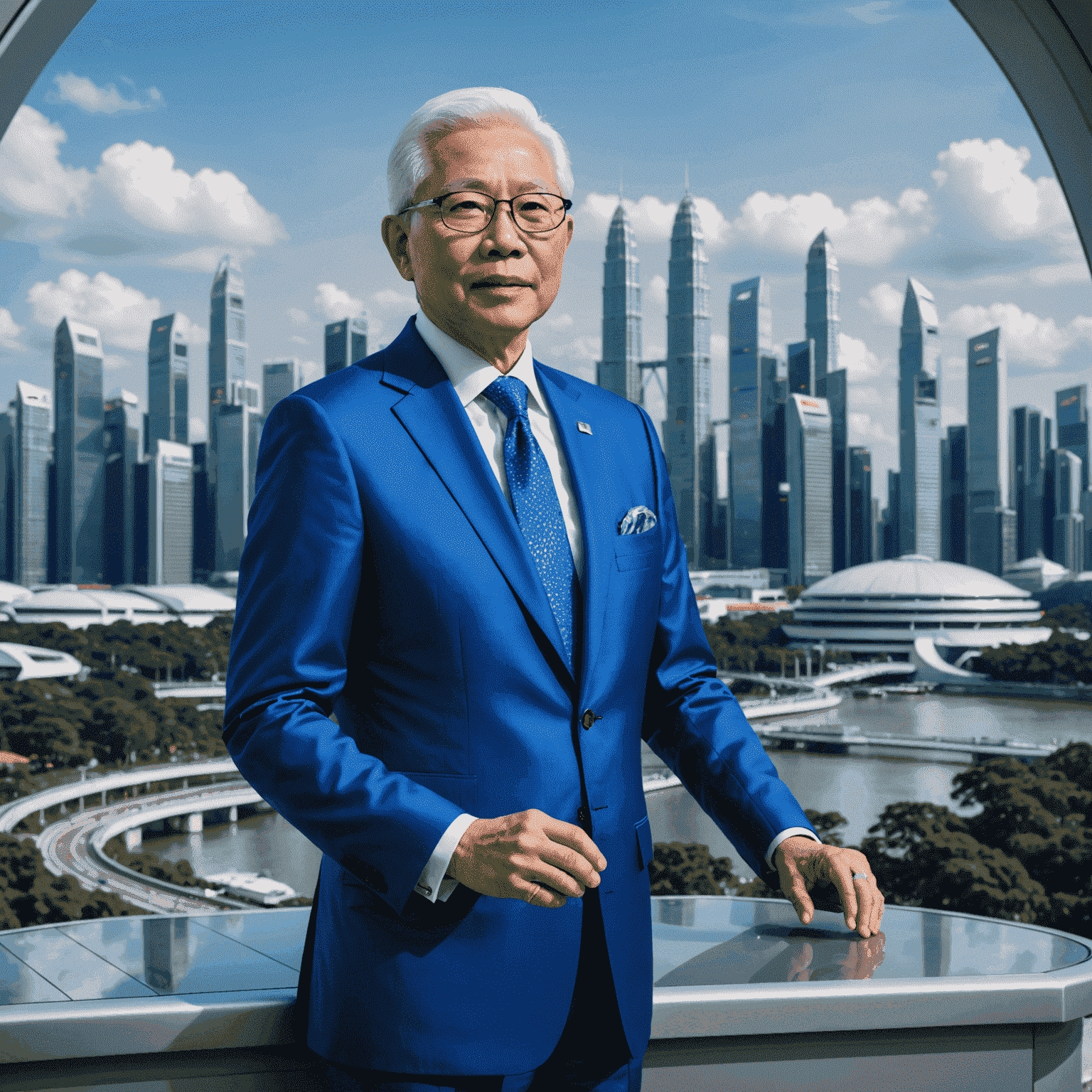 President Tony Tan delivering his farewell address, wearing a striking electric blue suit with metallic silver accents, standing at a futuristic podium with the Singapore skyline visible through a large window behind him