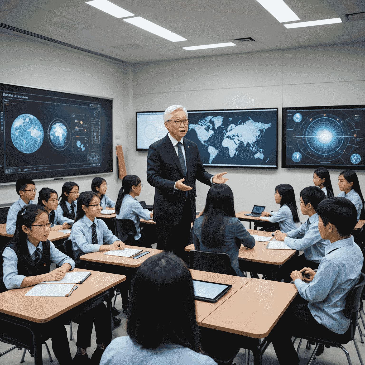 Tony Tan in a high-tech classroom, demonstrating innovative educational technology to students