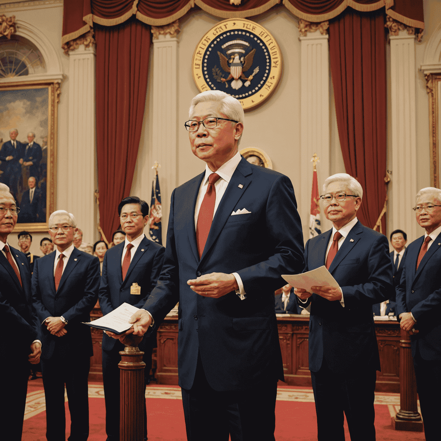 Tony Tan taking the presidential oath, wearing the presidential regalia, in a grand ceremony hall with dignitaries and the public in attendance