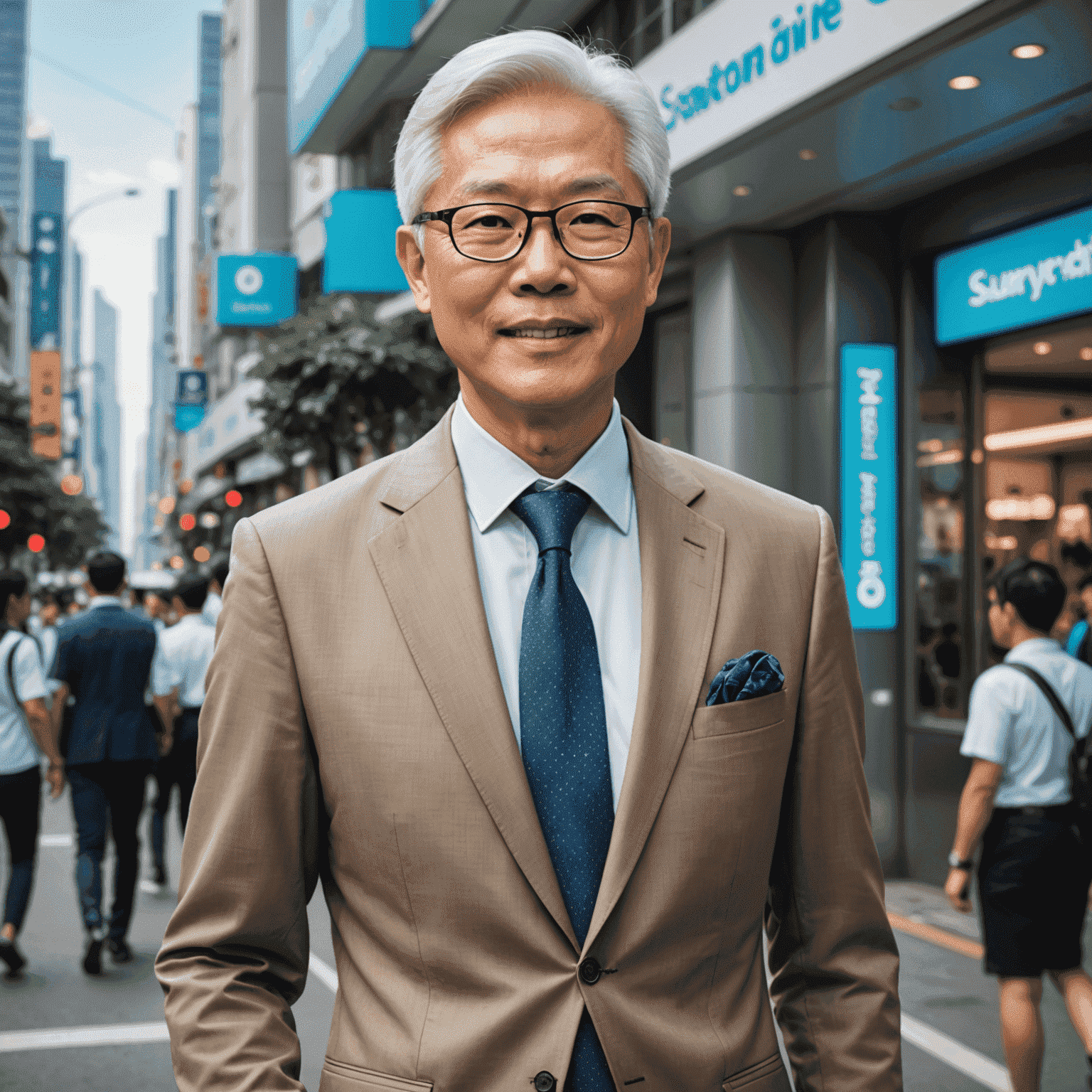 Tony Tan engaged in community service, wearing smart casual attire with futuristic accessories